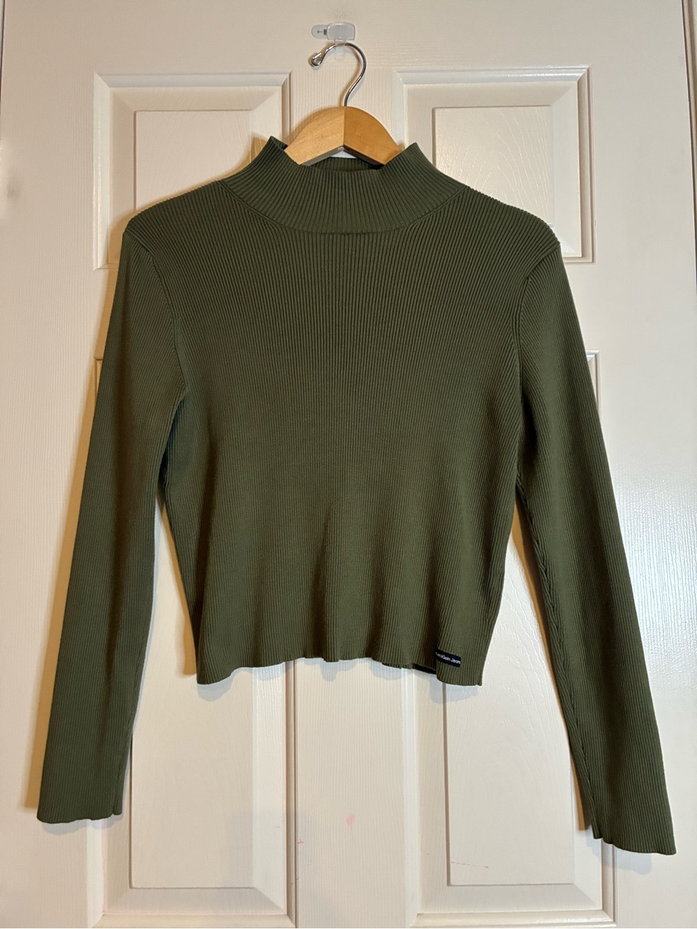Calvin Klein Jeans Olive Ribbed Mock-Neck Long Sleeve Top
